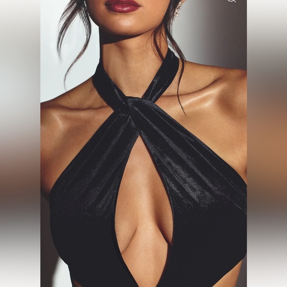 Oh Polly Adriana Velvet Halter Neck Maxi Dress in Jet Black - Picture 3 of 4